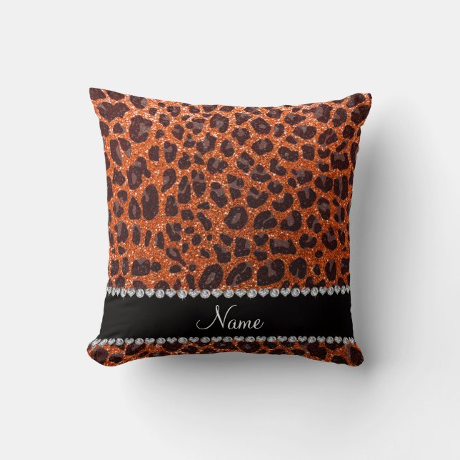 Custom name orange glitter leopard print cushion (Front)