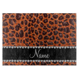 Custom name orange glitter leopard print cutting board