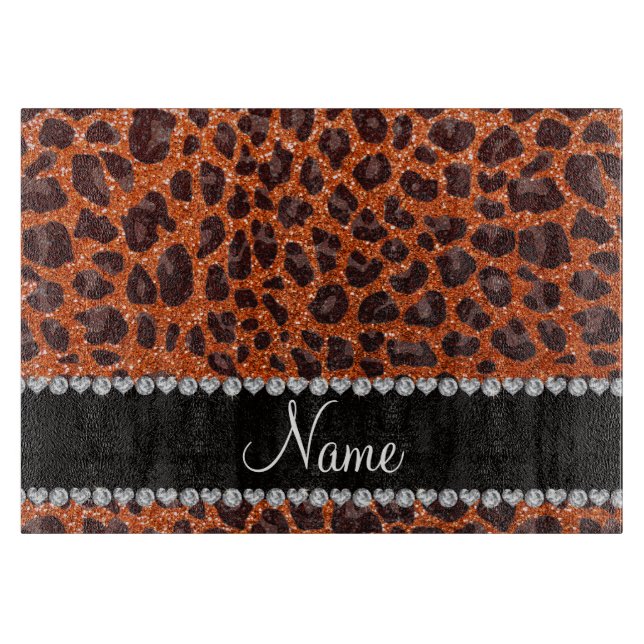 Custom name orange glitter leopard print cutting board (Front)