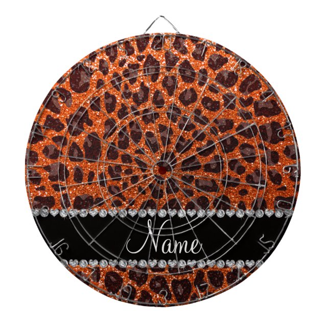 Custom name orange glitter leopard print dartboard (Front)