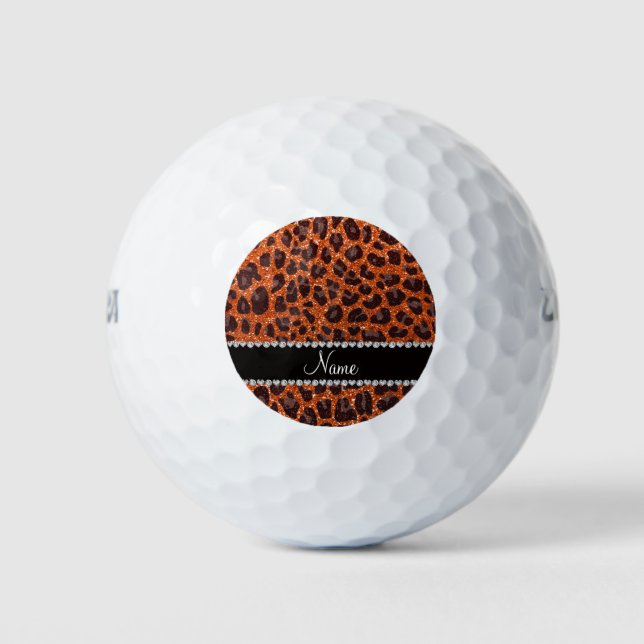 Custom name orange glitter leopard print golf balls (Front)