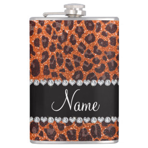 Custom name orange glitter leopard print hip flask
