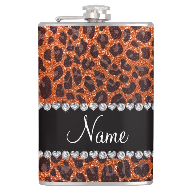 Custom name orange glitter leopard print hip flask (Front)