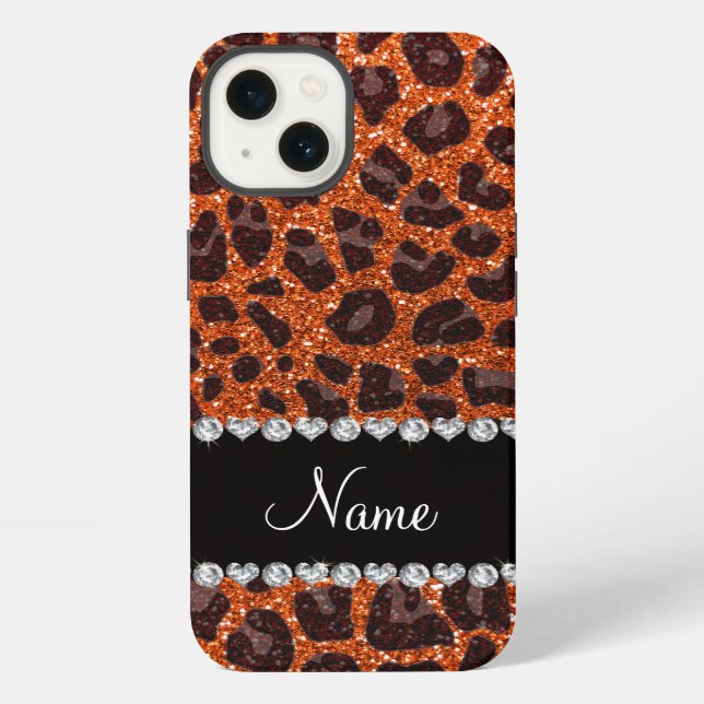 Custom name orange glitter leopard print iPhone case (Back)