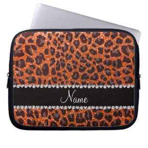 Custom name orange glitter leopard print laptop sleeve
