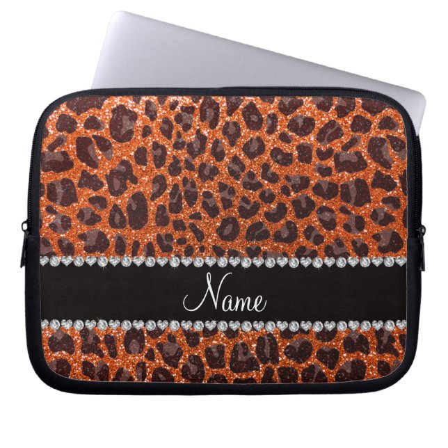 Custom name orange glitter leopard print laptop sleeve (Front)