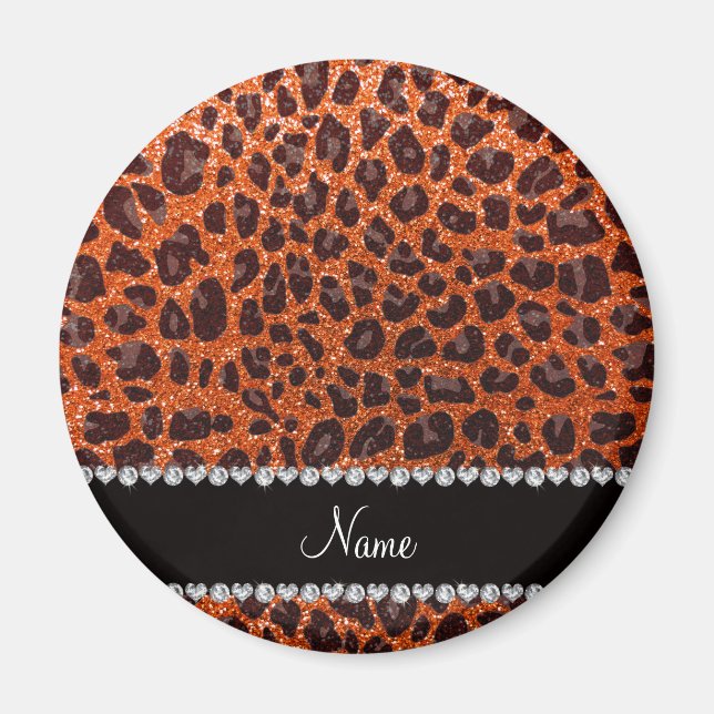 Custom name orange glitter leopard print magnet (Front)
