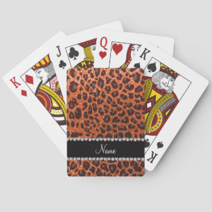 Custom name orange glitter leopard print playing cards