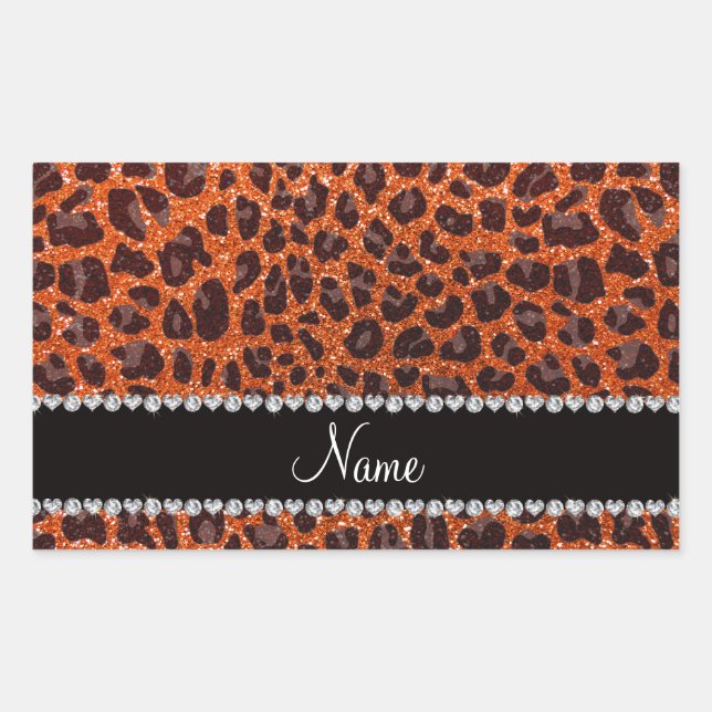 Custom name orange glitter leopard print rectangular sticker (Front)