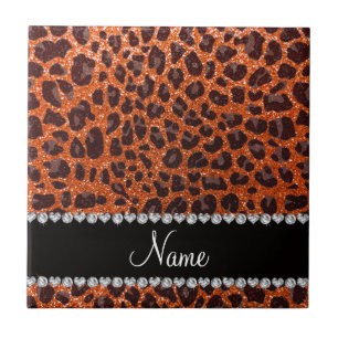 Custom name orange glitter leopard print tile