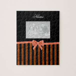 Custom name orange glitter stripes bows jigsaw puzzle