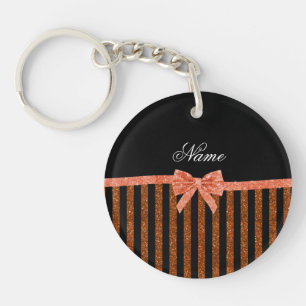 Custom name orange glitter stripes bows key ring