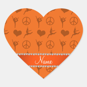 Custom name orange gymnastics hearts peace sign heart sticker