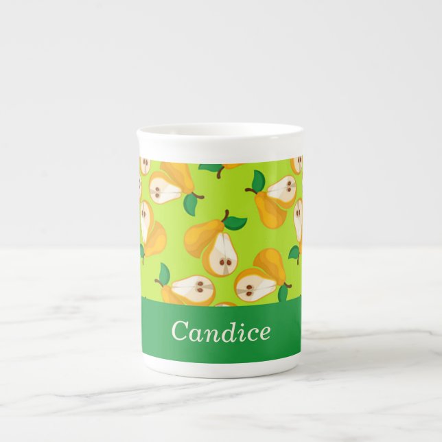 Custom name orange pears on green bone china mug (Front)