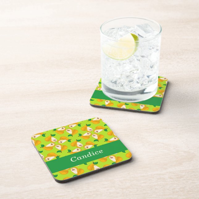 Custom name orange pears on green coaster (Right Side)