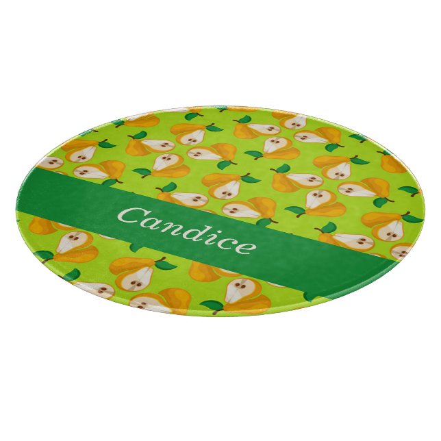 Custom name orange pears on green cutting board (Corner)