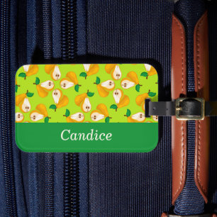 Custom name orange pears on green luggage tag