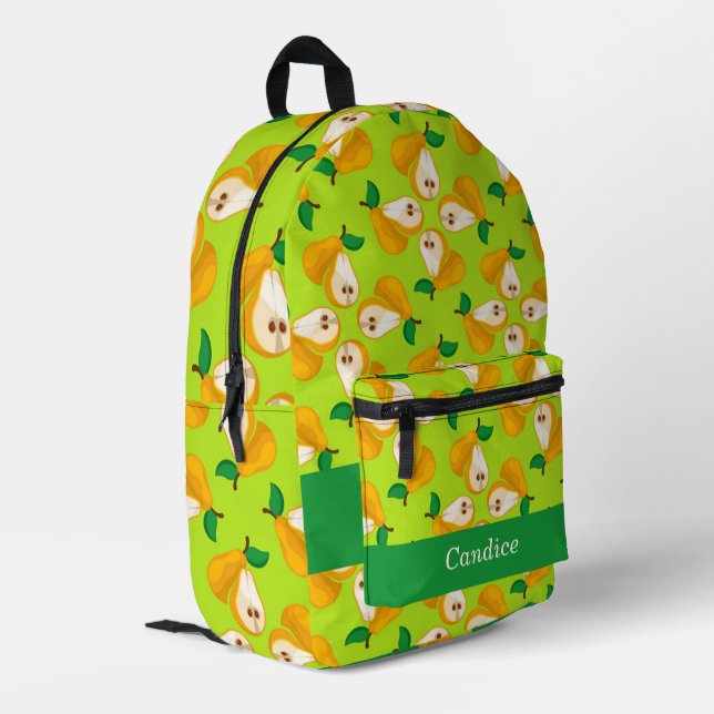 Custom name orange pears on green printed backpack (Back Corner Left)