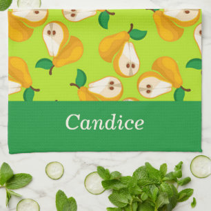 Custom name orange pears on green tea towel