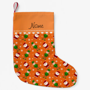 Custom name orange santa elves snowflakes small christmas stocking