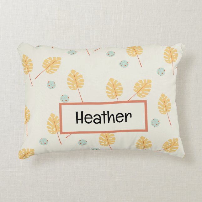 Custom name orange tropical leaves cream decorative cushion (Front)