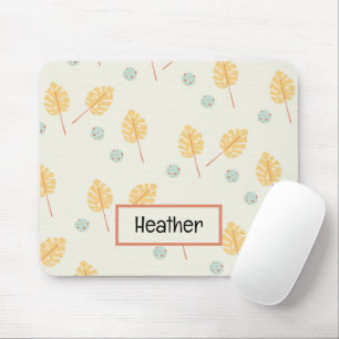 Custom name orange tropical leaves cream mouse mat