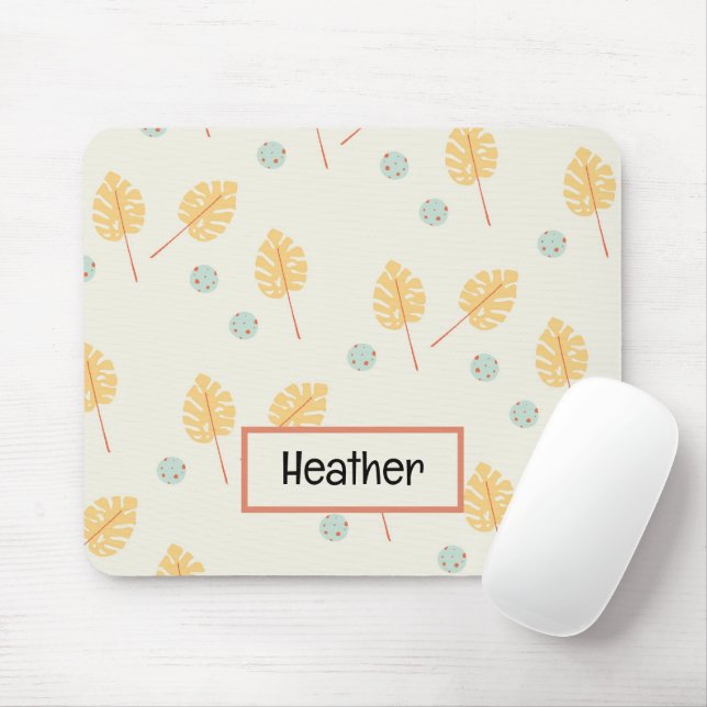 Custom name orange tropical leaves cream mouse mat (With Mouse)