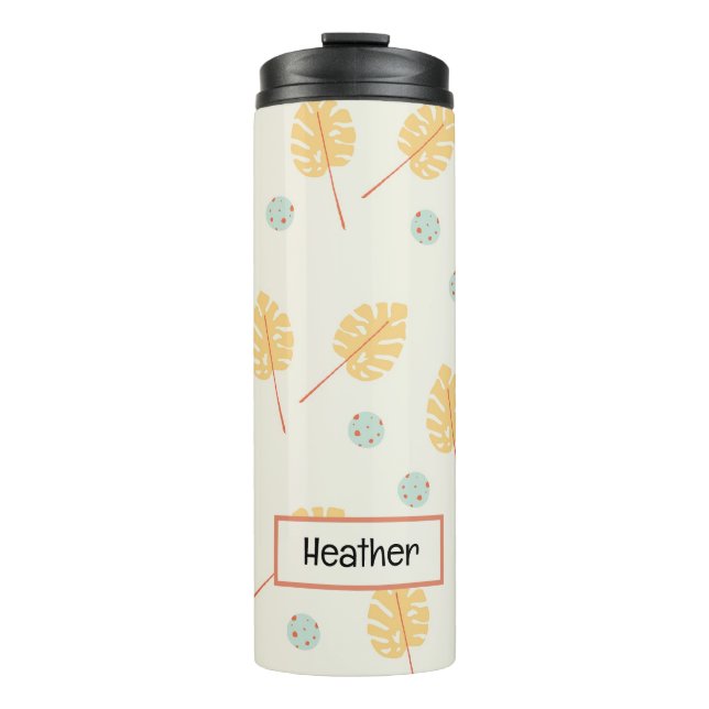 Custom name orange tropical leaves cream thermal tumbler (Front)