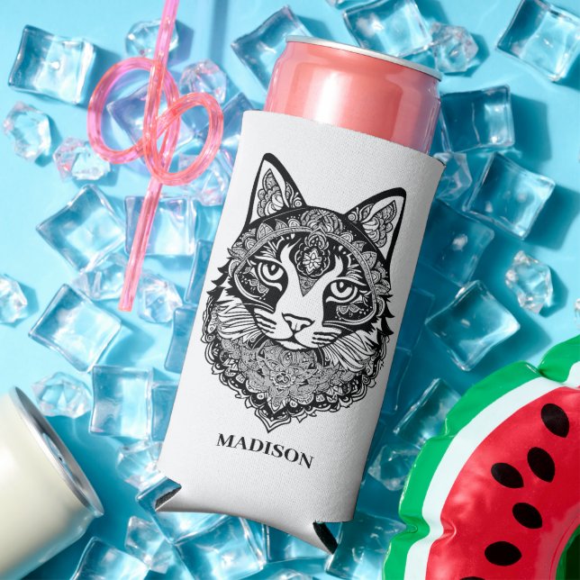 Custom Name Ornamental Cat Seltzer Can Cooler (In Situ Summer)