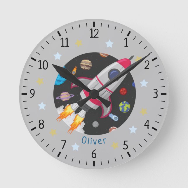 Custom name Outer space rocket kids Round Clock (Front)