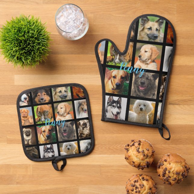 Custom Name Oven Glove With Dogs Oven Mitt & Pot Holder Set (Top Down)