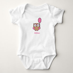 Custom Name Owl with Pink Balloon Baby Bodysuit