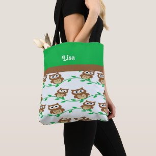 Custom name owls patterned tote bag