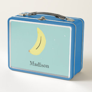 Custom name painted banana on blue metal lunch box