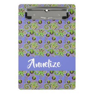 Custom name paisley leaves blue mini clipboard