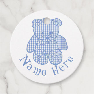 Custom Name Pale Blue Pastel Gingham Teddy Bear Cl Favour Tags