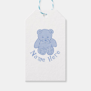 Custom Name Pale Blue Pastel Gingham Teddy Bear Cl Gift Tags