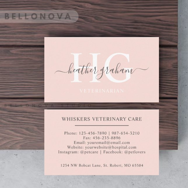 Custom Name Pale Peach Pink White Black Monogram Business Card (Custom Name Pale Peach Pink White Black Monogram Business Card)