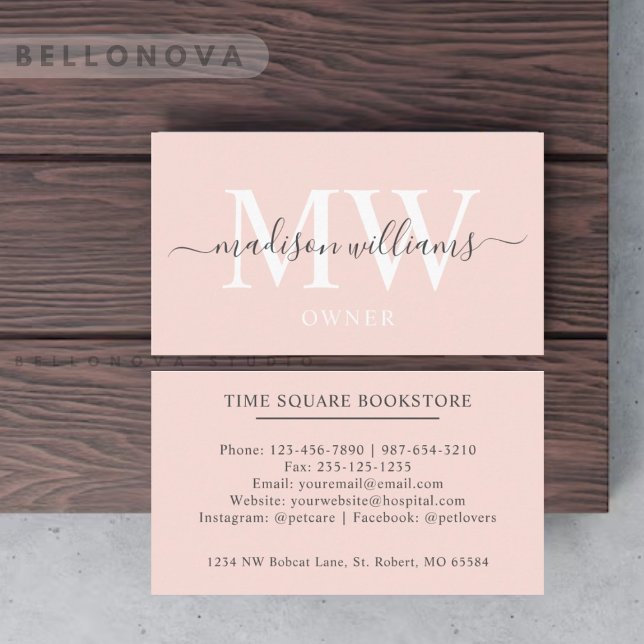 Custom Name Pale Peach Pink White Black Monogram Business Card (Custom Name Pale Peach Pink White Black Monogram Business Card)