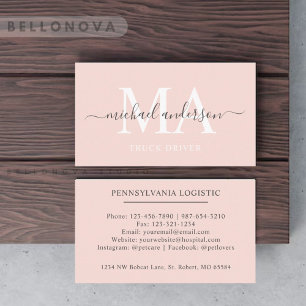 Custom Name Pale Peach Pink White Black Monogram Business Card