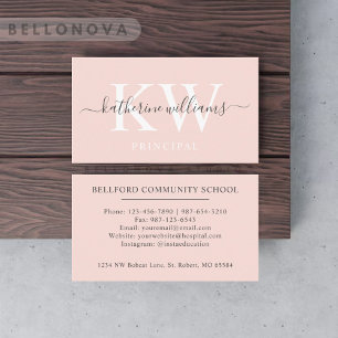 Custom Name Pale Peach Pink White Black Monogram Business Card