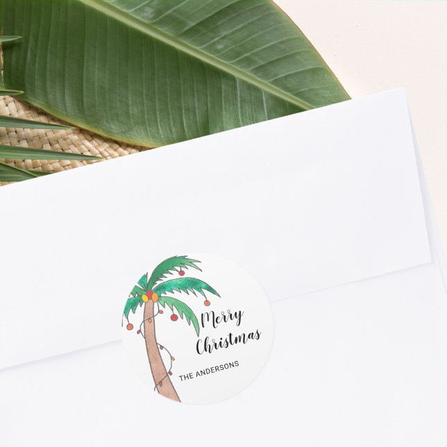 Custom Name Palm Tree Merry Christmas Classic Round Sticker (Creator Uploaded)