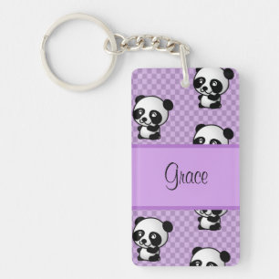 Custom Name Panda Bears on Purple Gingham Key Ring