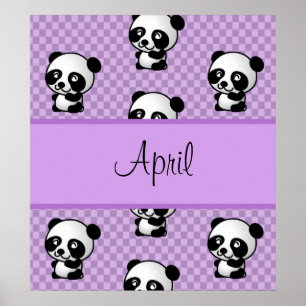 Custom Name Panda Bears on Purple Gingham Poster