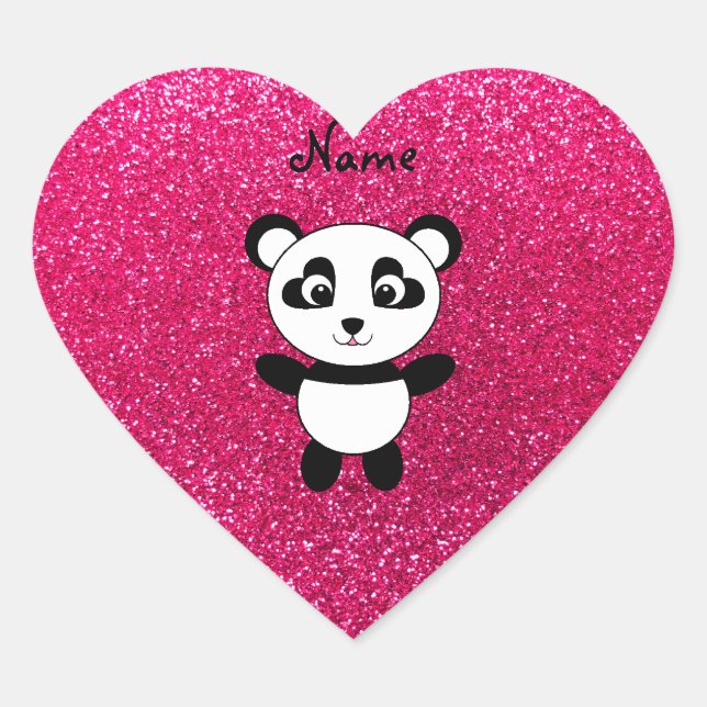 Custom name panda pink glitter heart sticker (Front)