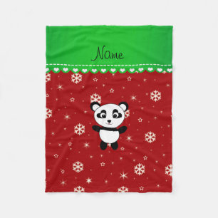 Custom name panda red snowflakes green stripe fleece blanket