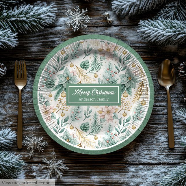 Custom Name Paper Plates White Poinsettia Holiday (Custom Name Paper Plates White Poinsettia Holiday)