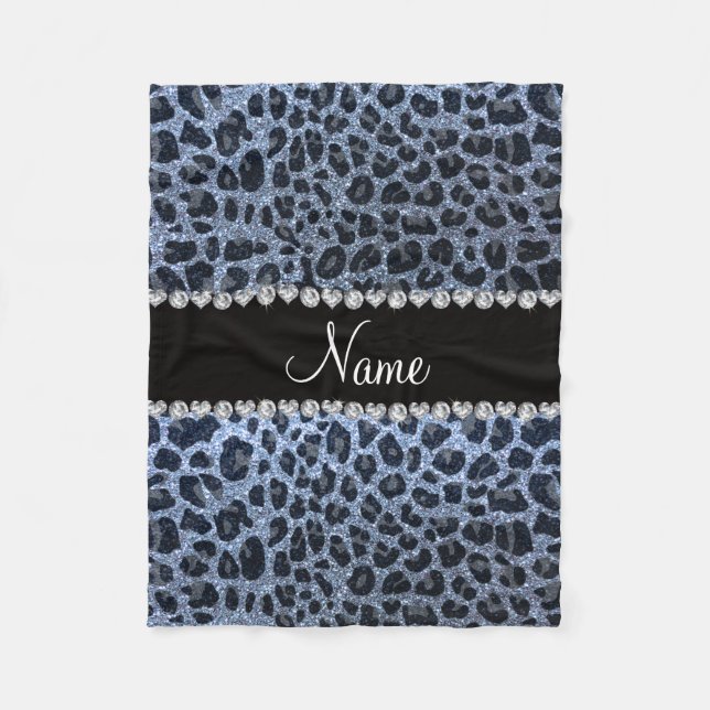 Custom name pastel blue glitter leopard print fleece blanket (Front)