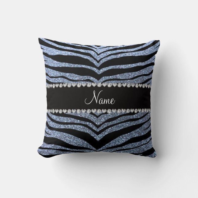 Custom name pastel blue glitter tiger stripes cushion (Front)