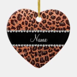 Custom name pastel orange glitter leopard print ceramic tree decoration